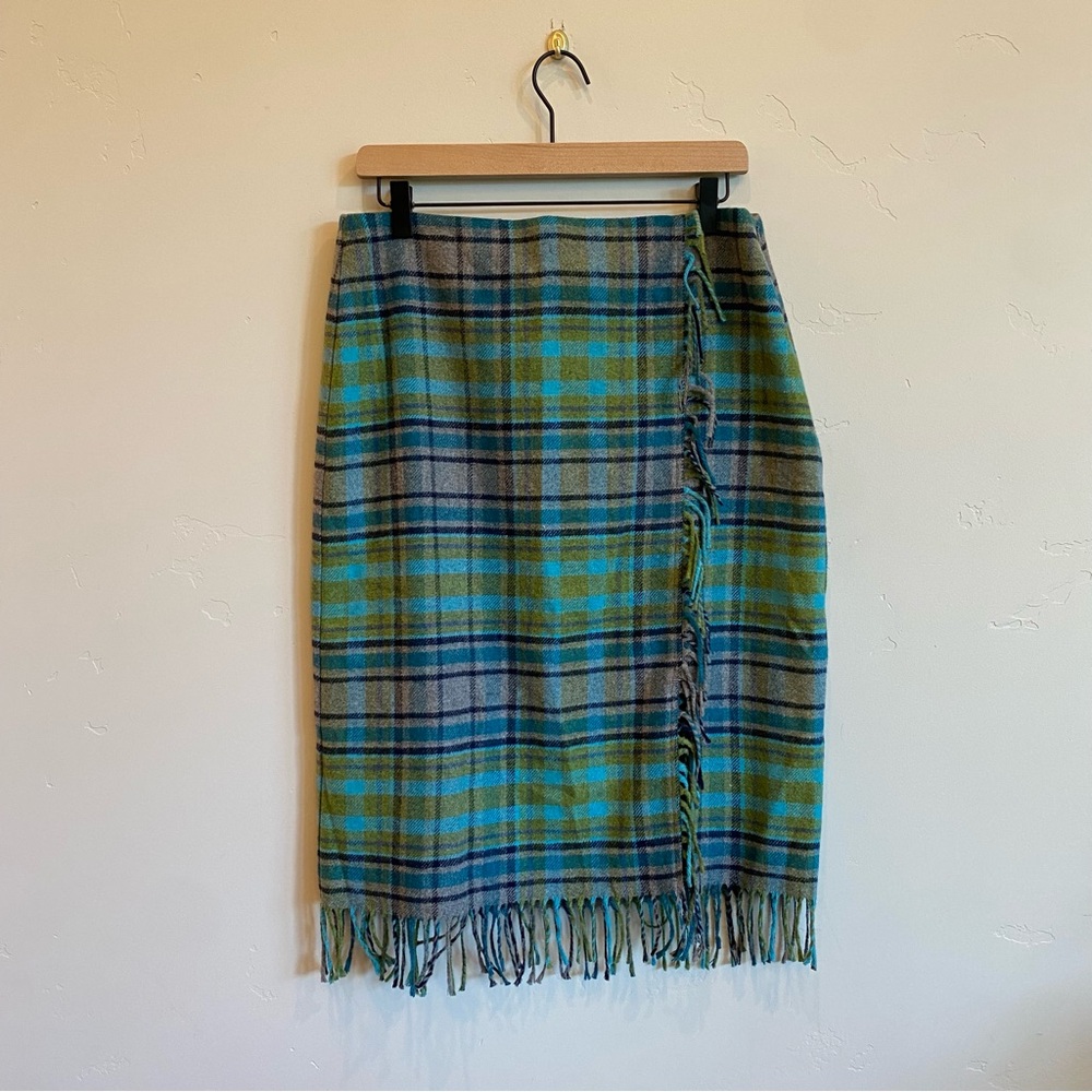 J.JILL Green & Blue Plaid Wool Blend Faux Wrap Midi Skirt